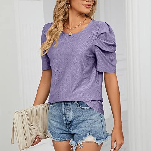 Kadınlar Casual Puf Kısa Kollu Gömlek Crewneck Şık Üstleri Moda Tığ Örme Örgü Kesme Bluz Düz Renk Dışarı Çıkmak Tee
