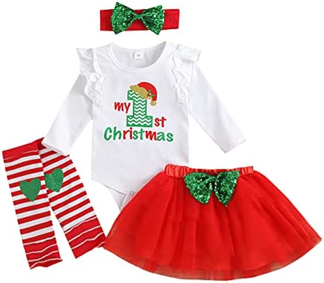 IQREENY Yenidoğan Bebek Kız Giysileri Benim 1st Noel Bodysuit + Tutu Etek + bacak ısıtıcıları + Tavşan Kafa Bandı Noel Kıyafetleri