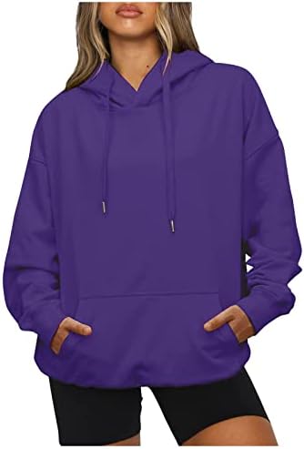 hopolsy Gevşek İpli Hoodies Kadınlar için büyük beden kazak Kapüşonlu Sweatshirt Düz Renk Uzun Kollu Ceket Cepler ile