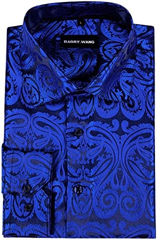 Barry.Wang Paisley Gömlek erkek Rahat Uzun Kollu İpek Elbise Gömlek Düzenli Fit Düğme Gömlek Düğün / Balo / Parti Hediyeler