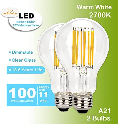 Vintage LED Edison Ampul 100W Eşdeğer 1500 Lümen, Kısılabilir 11W A21 LED Filament Ampuller, Sıcak Beyaz 2700K Antika Tarzı