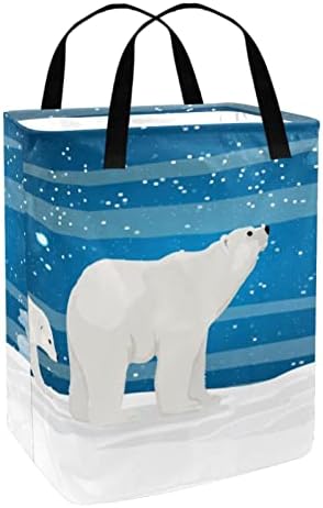 Kutup Ayısı Anne ve Çocuk karda Yürüyor Baskı Katlanabilir Çamaşır Sepeti, 60L Su Geçirmez çamaşır sepetleri Çamaşır Kutusu