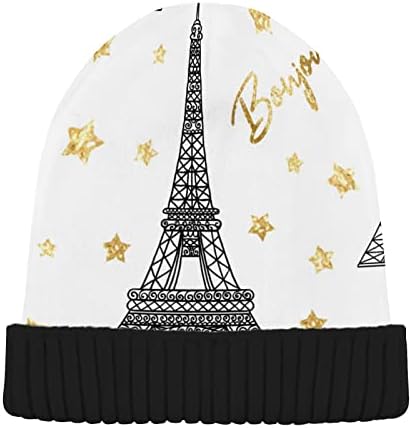 Bere Şapka Siyah Kalın Kablo örgü şapka Erkekler Kadınlar Unisex Yumuşak Polar Açık Bonjour Paris Altın Yıldız ve Eyfel Kulesi