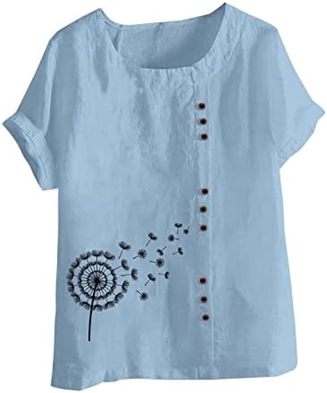 Kadın Pamuk Keten Üstleri Rahat Yaz Karahindiba Baskı Kısa Kollu Düğme Gömlek Artı Boyutu Crewneck Tunik Tees Bluz