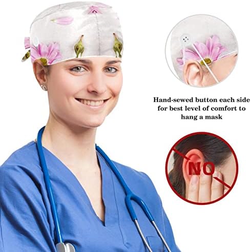 Cerrahi Kap Kabarık Kapaklar çalışma kapağı Düğmeler ve Yay ile Saç Scrunchie Kadınlar için,Uzun Saç, Pembe Papatya Yaprağı