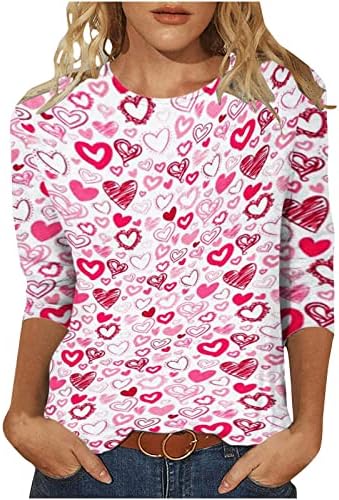 Kadın Sevgililer Günü Gömlek Aşk Kalp Baskı 3/4 Kollu T Gömlek Bluz Moda Yuvarlak Boyun Tunik Üstleri Tee Bluzlar