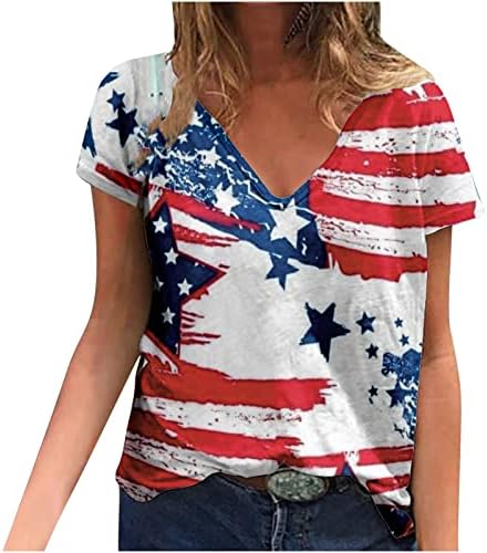 Kadın V Boyun Spandex T Shirt Salonu Üstleri Gömlek Kısa Kollu Renk Bloğu Bağımsızlık Günü Bayrağı T Shirt O7