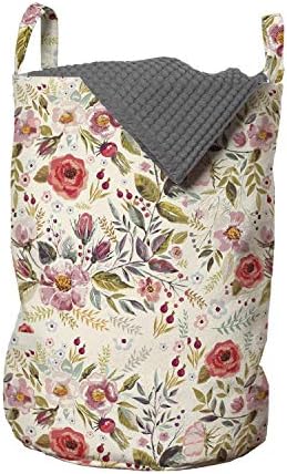 Ambesonne Yaylı Çamaşır Torbası, Krem Zemin Üzerine Çeşitli Çiçek Türlerine Sahip Romantik İlkbahar Kompozisyonu, Kulplu