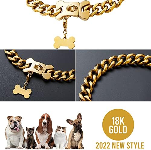 Altın Zincir köpek tasması 19mm 18K Altın Küba Bağlantı köpek tasması Güvenli Geçmeli Toka ile Altın Köpek Zinciri Metal