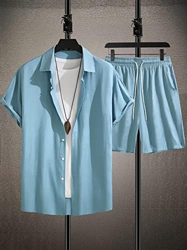 LUBOSE İki Parçalı Kıyafetler Erkekler için Erkekler Düğme Ön Gömlek ve İpli Bel Şort Tee Olmadan (Renk : Mavi, Boyut: X-Large)