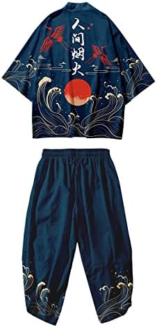 Xiloccer Japon Tarzı Kimono Üstleri Pantolon Setleri Erkekler için Hafif Yedi Kollu Baskılı Erkek Açık Ön Hırka ve Şort