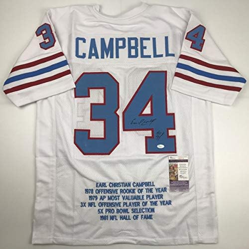 İmzalı / İmzalı Earl Campbell HOF 91 Houston Beyaz Stat Futbol Forması JSA COA