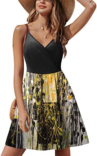 Bayan 2023 Yaz Çiçek Baskı Spagetti Kayışı Sundress V Boyun Maxi Elbise Kolsuz Casual Yarık Uzun Elbiseler