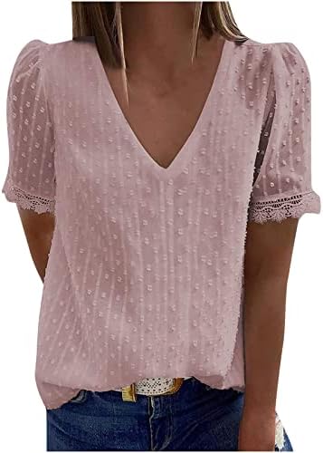 Bluz T Shirt Kızlar için Sonbahar Yaz Giyim Kısa Kollu Dantel Şifon V Yaka Rahat Temel Üst EK EK