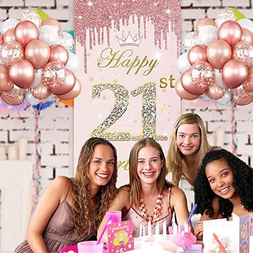 Mutlu 21st Doğum Günü Backdrop Parti Dekorasyon için Kadın Kızlar, Gül Altın Pembe 21 Doğum Günü Partisi Kapı Banner Malzemeleri