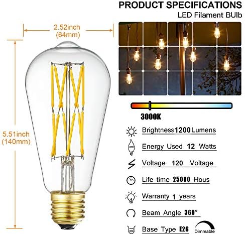 LVYE LED Edison Ampul Kısılabilir 12 W 3000 K Yumuşak Beyaz 1200LM, 100 W Eşdeğer E26 Orta Taban, ST64 Vintage LED Ampuller,