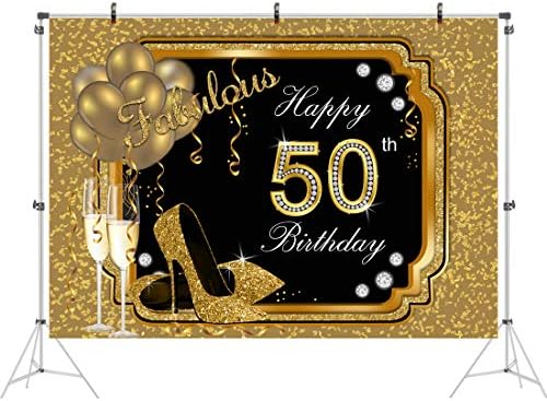 Mutlu 50th Doğum Günü Backdrop Kadınlar için Siyah ve Altın Doğum Günü Fotoğraf Arka Plan 7x5ft Glitter Balonlar Yüksek Topuklu