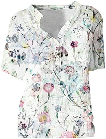 Kadın Keten Bluzlar Düğme Aşağı V Boyun Bluzlar 2023 Çiçek Baskı Gömlek İş Rahat Bluz Tunik Üstleri Legging