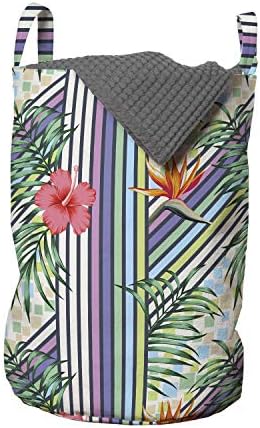 Ambesonne Hawaii Renkleri Çamaşır Torbası, Renkli Çizgili Zeminde Çiçek Açan Ebegümeci Çiçeklerinin Egzotik Resmi, Çamaşırhaneler