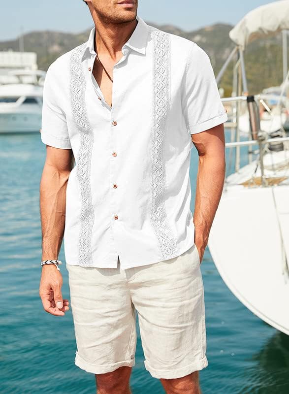 JMIERR Mens Pamuk Keten Guayabera Gömlek Casual Düğme Yukarı Kısa Kollu Yaz Plaj Gömlek