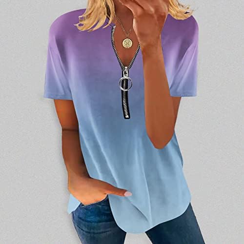 Kadın Kısa Kollu Tee Gömlek Degrade Renk Tunik Üstleri Hımbıl Casual Tees Gevşek Fit Fermuar V Boyun Tshirt Bluzlar