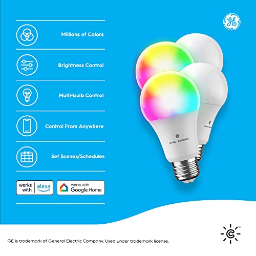 GE CYNC Akıllı LED ampuller + Akıllı Fiş Paketi, (4) Tam Renkli A19 Ampuller, (1) Akıllı İç Mekan Fişi, Bluetooth ve Wi-Fi,