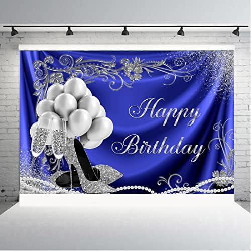 Aperturee 9x6ft Mutlu Doğum Günü Zemin Glitter Gümüş ve Mavi Noktalar Balonlar Yüksek Topuklu Gözlük Fotoğraf Arka Plan Yetişkin