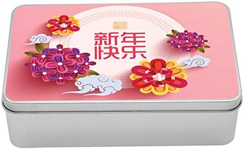 Ambesonne Çin Yeni Yılı Metal Kutu, Canlı Çiçek Buketleri ile Soluk Pembe Daire Müreffeh Yıl Kutlaması, Kapaklı Çok Amaçlı