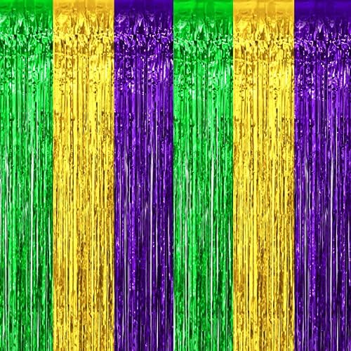 4 Paket Mardi Gras Folyo Saçak Perde Zemin, 3.28 Ft x 9.8 Ft Altın Yeşil Mor Metalik Tinsel Folyo Saçak Flamalar Perdeler