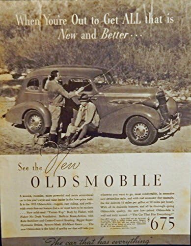1935 Yeni Oldsmobile. kıt 1935 basılı reklamı. Siyah Beyaz İllüstrasyon, (iki adam balık tutuyor) orijinal 1935 Fortune Dergisi