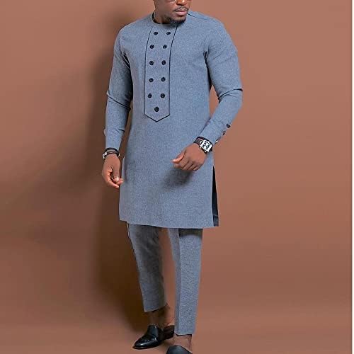 Pantolon Setleri Uzun Kollu Yuvarlak Boyun Düğmesi ve eşofman altları 2 Parçalı Set Afrika erkek Etnik Tarzı Takım Elbise