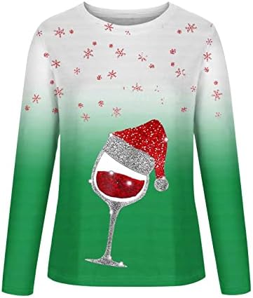 Bayan Noel Üstleri Sevimli Baskılı Tişörtleri Uzun Kollu Kazak Rahat Santa Şapka cam kırmızı şarap şişesi Grafik Kazak Üst