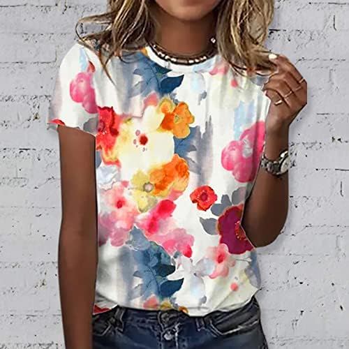 Yaz Bayan Kısa Kollu Ekip Boyun Çiçek Baskılı Üst T Shirt Casual Gömlek Tee Bayan Üstleri Kısa Kadın Rahat Tee