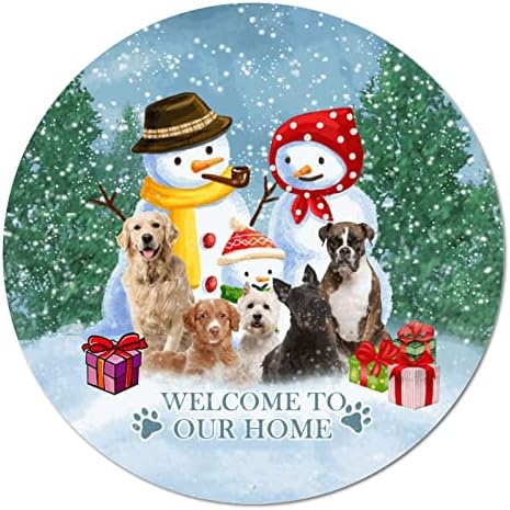 Yuvarlak Metal Tabela Plak Evimize hoş geldiniz Kardan Adam Köpekler Noel Çelenk İşareti Metal Sanat Baskılar Komik Ev Ev
