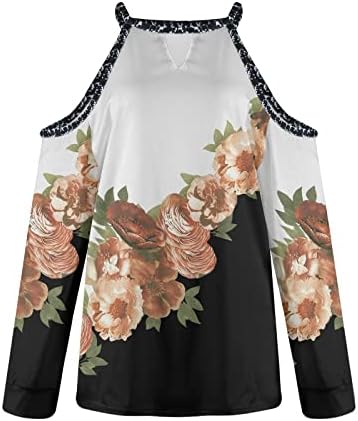 Sonbahar Bayan Soğuk Omuz T Shirt Gevşek Rahat Renk Bloğu Sevimli Baskı Tunik Üst Uzun Kollu Halter Boyun Temel Bluzlar