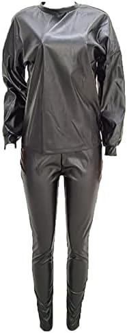 DGHM-JLMY kadın Elastik Pu Deri kalem pantolon 2 Parça Set Pu Deri Uzun Kollu Üstleri Bodycon Pantolon Clubwear