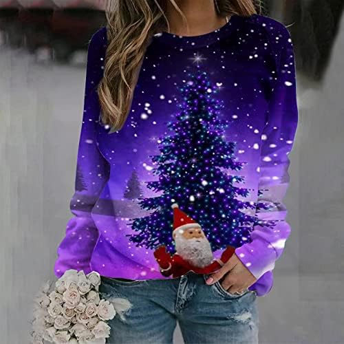 Kadın Noel Eğlenceli Tişörtü Sevimli Ren Geyiği Noel Baba Baskı Kazak Gömlek Uzun Kollu Crewneck Casual Tunik Üst