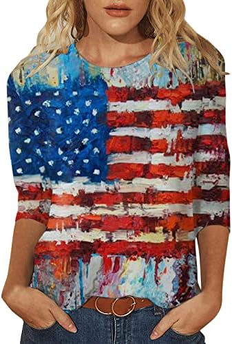 Amerikan Bayrağı Gömlek Kadınlar için 3/4 Kollu Casual grafikli tişört Yıldız Çizgili ABD Tee Üstleri Yaz Temel Tees Tunik