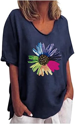 Yaz Keten Kadınlar için Kısa Kollu Pamuklu Tunik Tişörtleri Moda Ayçiçeği Baskı Gevşek Fit O-Boyun Tees Bluzlar