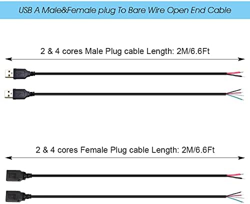2 Adet USB A Erkek Fiş Çıplak Tel Açık Uçlu Kablo 6.6 Ft 200 cm 5 V 2.1 A 2 & 4 çekirdek Güç ve Veri İletimi Pigtail Onarım