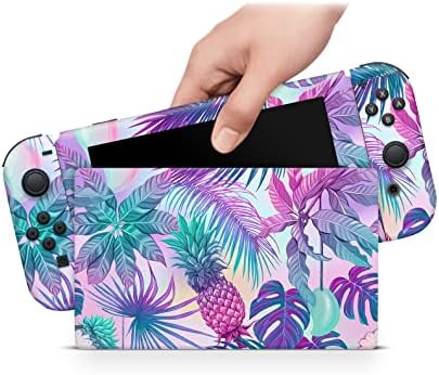 ZOOMHİTSKİNS OLED Switch Skin, Nintendo Switch OLED Skin Wrap ile Uyumlu, Karayip Ananas Palmiye Yaprakları Pembe Beyaz Mor