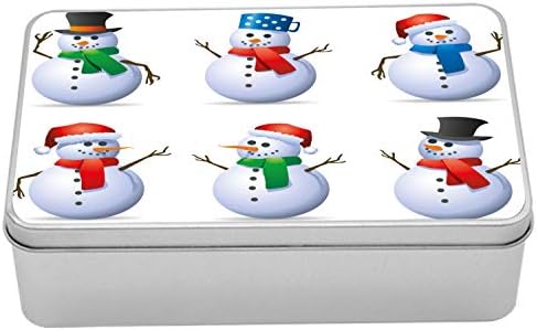 Ambesonne Noel Teneke Kutu, Farklı Şapka ve Eşarplı Kardan Adamlar Havuç Burunları Noel Kış Sezonu Teması, Kapaklı Taşınabilir