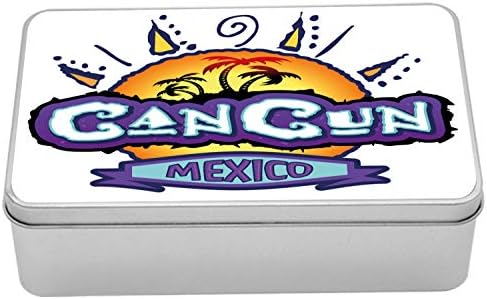 Ambesonne Cancun Metal Kutu, Arka Planda Palmiye Ağaçları ve Güneş ile Cancun Meksika Funky Kaligrafi, Kapaklı Çok Amaçlı